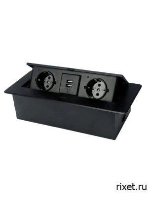 Встраиваемая выдвижная розетка в столешницу, 2EU+2USB, черная Встраиваемая выдвижная розетка в столешницу, 2EU+2USB, черная