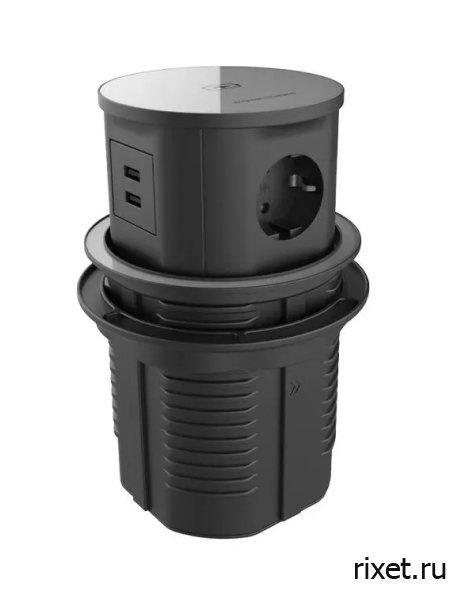 Встраиваемая выдвижная розетка в столешницу с беспроводной зарядкой, 3 EU+2 USB, серая Встраиваемая выдвижная розетка в столешницу с беспроводной зарядкой, 3 EU+2 USB, серая