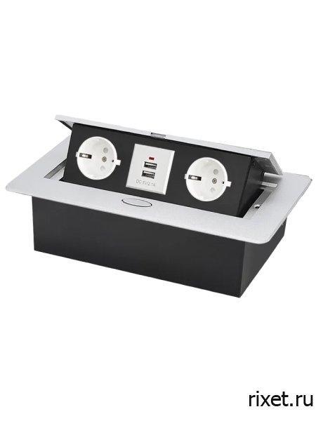 Встраиваемая выдвижная розетка в столешницу, 2EU+2USB, серебро Встраиваемая выдвижная розетка в столешницу, 2EU+2USB, серебро