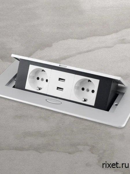 Встраиваемая выдвижная розетка в столешницу, 2EU+2USB, серебро Встраиваемая выдвижная розетка в столешницу, 2EU+2USB, серебро
