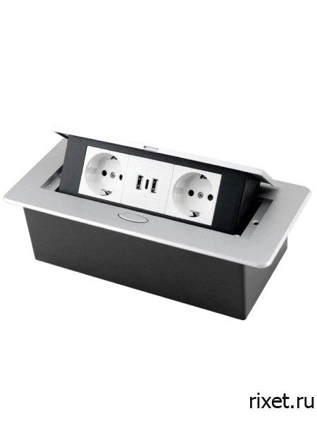 Встраиваемая выдвижная розетка в столешницу, 2EU+2USB+Type С, серебро Встраиваемая выдвижная розетка в столешницу, 2EU+2USB+Type С, серебро
