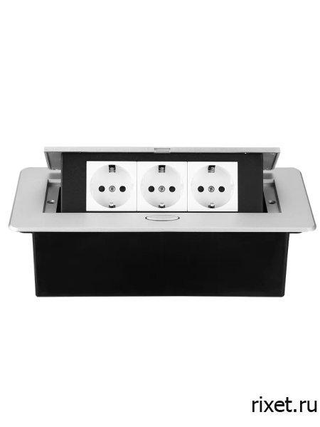 Встраиваемая выдвижная розетка в столешницу, 3EU, серебро Встраиваемая выдвижная розетка в столешницу, 3EU, серебро