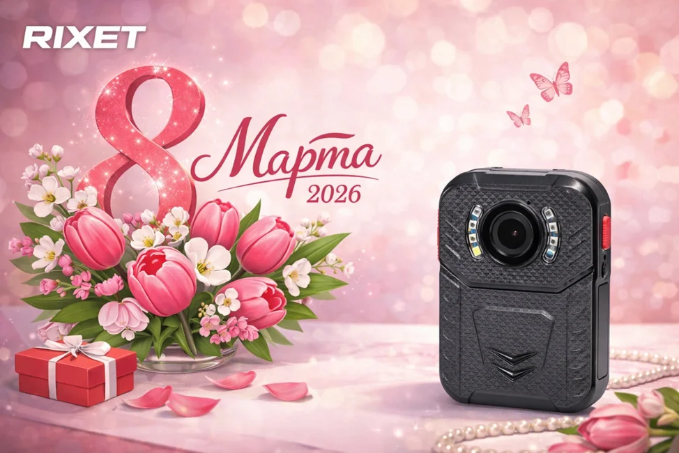 Нагрудный видеорегистратор RX-8 на фоне цветов и подарка